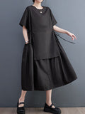 xakxx Loose Short Sleeves Solid Color Split-Joint Round-Neck Midi Dresses