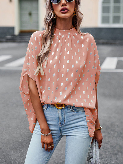 xakxx Loose Bandage Polka Dot Round-Neck Blouses&Shirts Tops