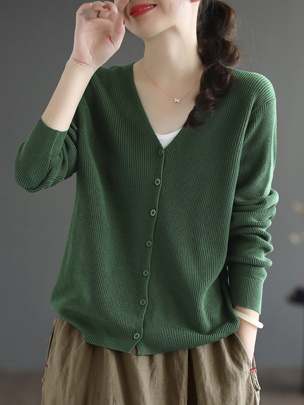 xakxx Long Sleeves Loose Solid Color V-Neck Cardigan Tops