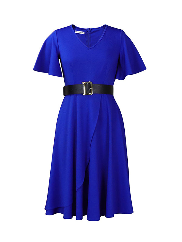 xakxx Irregular Clipping Plus Size Belted Solid Color Round-Neck Midi Dresses