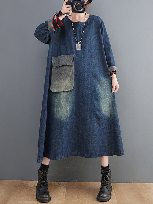 xakxx Artistic Retro Loose Denim Applique Round-Neck Long Sleeves Midi Dress