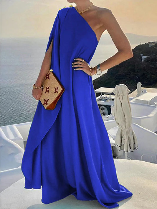 xakxx Simple Asymmetric Solid Color One-Shoulder Maxi Dresses