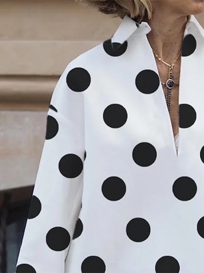 xakxx Long Sleeves Loose Polka-Dot Lapel Collar Blouses&Shirts Tops