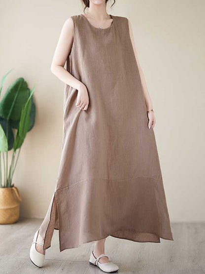 xakxx A-Line Loose Solid Color Round-Neck Midi Dresses