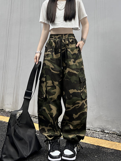 xakxx Hip-Hop Wide Leg Drawstring Camouflage  Pants