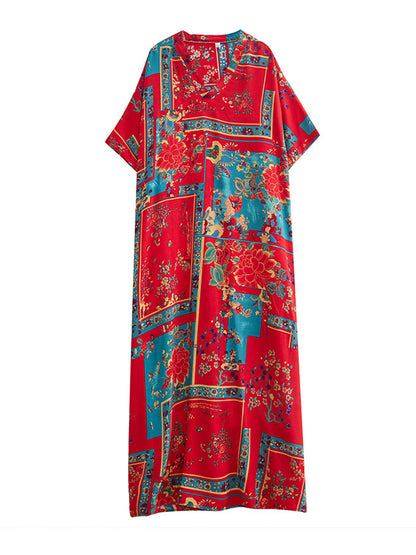 xakxx Loose Short Sleeves Floral Printed Multi-Colored V-Neck Maxi Dresses