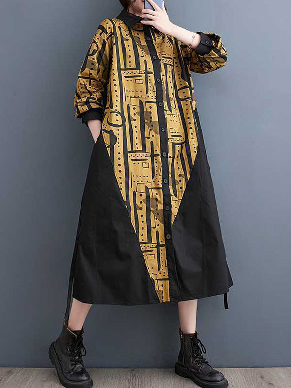 xakxx A-Line Long Sleeves Asymmetric Contrast Color Printed Warp Knitting Lapel Midi Dresses Shirt Dress