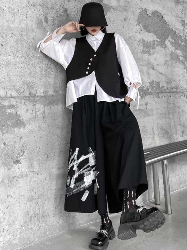 xakxx Original Loose Lace-Up Hollow Sleeve Blouse+Black Vest+Wide Leg Pants Culotte Three Pieces Set