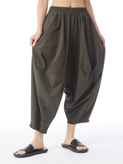 xakxx Harem Pants Loose Elasticity Pleated Solid Color Split-Joint Cropped Trousers Pants