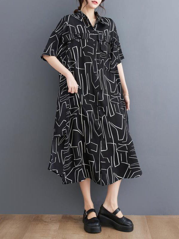 xakxx Loose Abstract Printed Lapel Midi Dresses