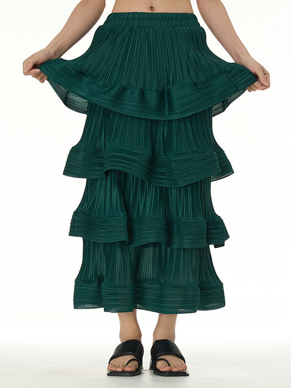 xakxx Loose Elasticity Layered Pleated Ruffled Solid Color Skirts Bottoms