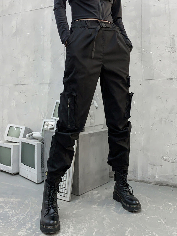 xakxx Original Black Pocket Zipper Split-Joint Overalls Pants