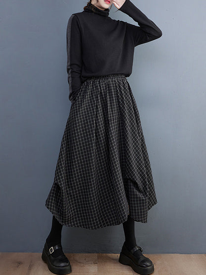 xakxx Loose Irregular Clipping Plaid Asymmetric Elasticity Skirts Bottoms