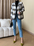 xakxx Long Sleeves Buttoned Contrast Color Plaid V-Neck Jackets Outerwear