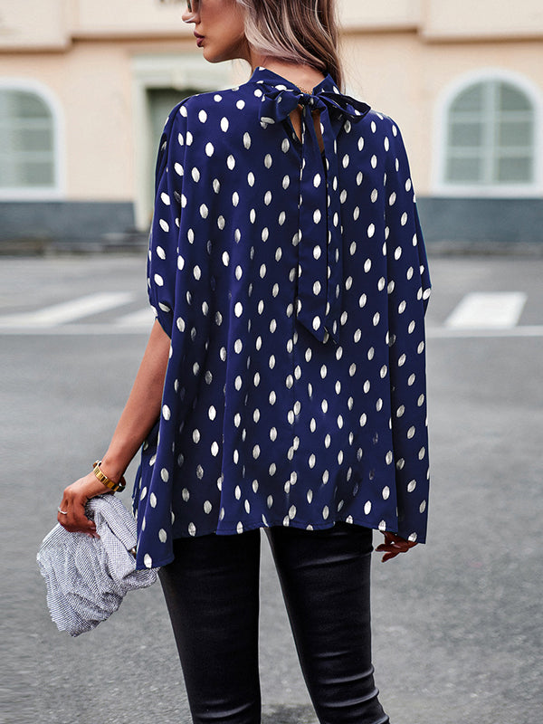 xakxx Loose Bandage Polka Dot Round-Neck Blouses&Shirts Tops