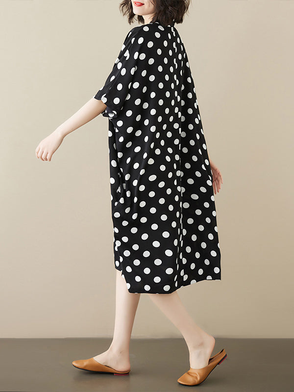 xakxx Loose Short Sleeves Polka-Dot V-Neck Midi Dresses