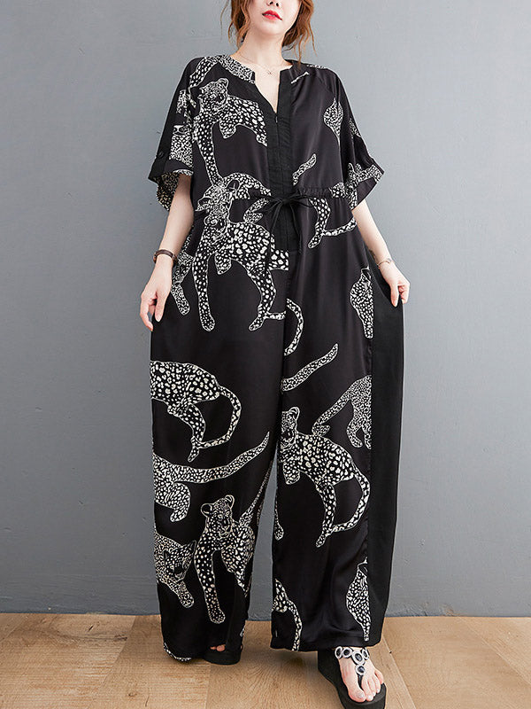 xakxx Vintage Original Floral Leopard Printed Split-Joint Tied V-Neck Half Sleeves Wide Leg Jumpsuits