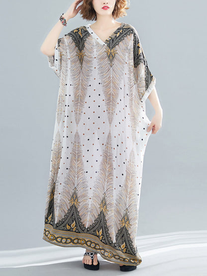 xakxx Ethnic Printed Plus Size V-Neck Batwing Sleeve Maxi Dress