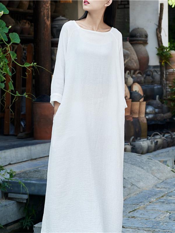 xakxx Soft White Long Sleeves Ramie Cotton Long Dress