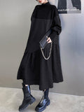 xakxx A-Line Long Sleeves Asymmetric Solid Color Split-Joint High-Neck Midi Dresses Sweater Dresses