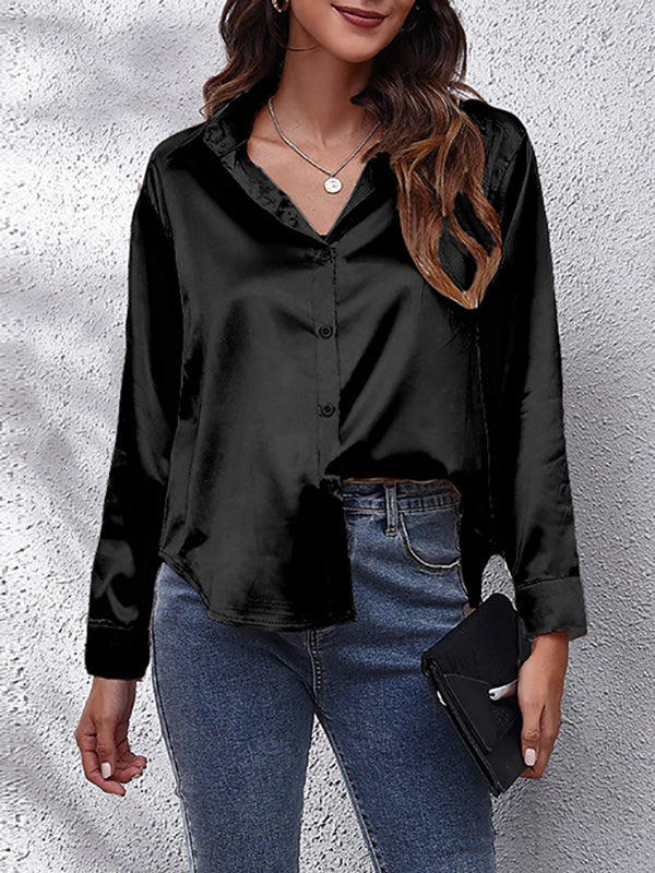 xakxx Long Sleeves Loose Solid Color Lapel Blouses&Shirts Tops