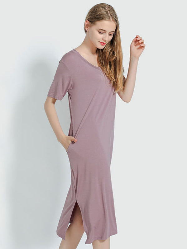 xakxx Simple Short Sleeves Loose Split-Side Solid Color V-Neck Pajamas Dress