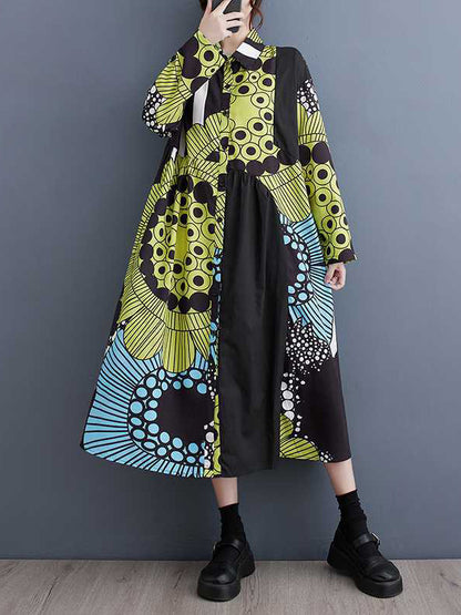 xakxx A-Line Long Sleeves Asymmetric Buttoned Printed Split-Joint Lapel Midi Dresses Shirt Dress