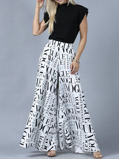 xakxx Loose Wide Leg High-Waisted Letter Print Split-Joint Pants Trousers