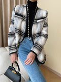 xakxx Long Sleeves Buttoned Contrast Color Plaid V-Neck Jackets Outerwear