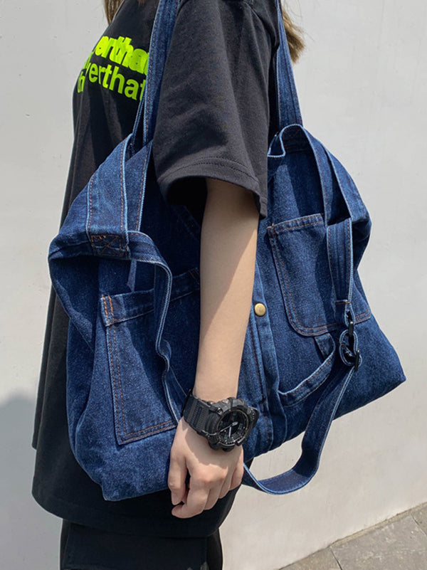 xakxx Casual Denim Split-Joint Solid Color Bags Accessories