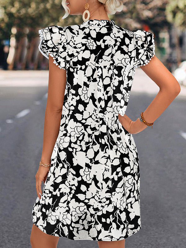 xakxx A-Line Ruffle Sleeves Printed Split-Joint Tied V-Neck Mini Dresses