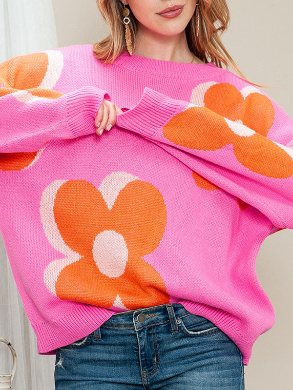 xakxx Long Sleeves Loose Knitted Flower Round-Neck Pullovers Sweater Tops