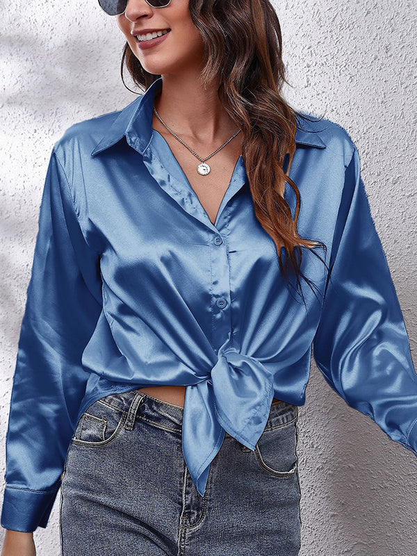 xakxx Long Sleeves Loose Solid Color Lapel Blouses&Shirts Tops