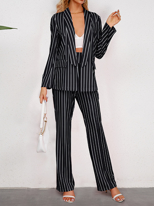 xakxx Long Sleeves Striped Lapel Blazer Top + Wide Leg Pants Bottom Two Pieces Set