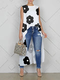 xakxx High-Low Loose Contrast Color Floral Printed Round-Neck Vest Top