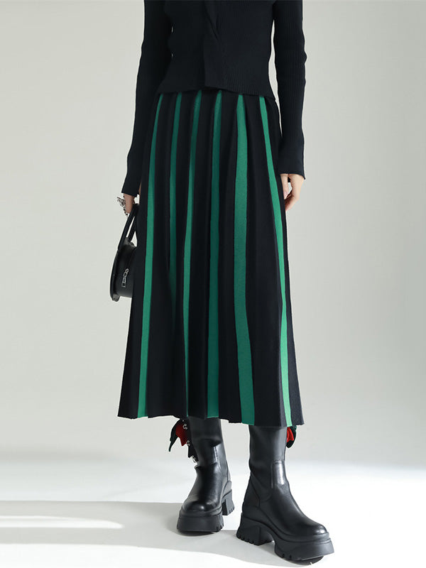 xakxx Original Creation Loose A-Line Contrast Color Striped Skirts Bottoms