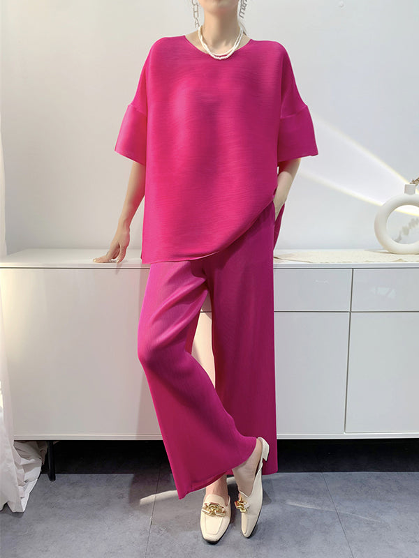 xakxx Elastics Pleated Solid Color Round-Neck T-Shirt + Wide Leg Pants Two Pieces Set