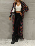 xakxx Long Sleeves Loose Plaid Tasseled Collarless Cardigan Tops