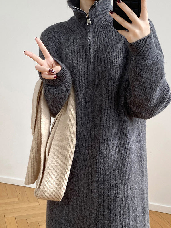 xakxx Casual Loose Long Sleeves Solid Color Zipper High-Neck Sweater Dresses