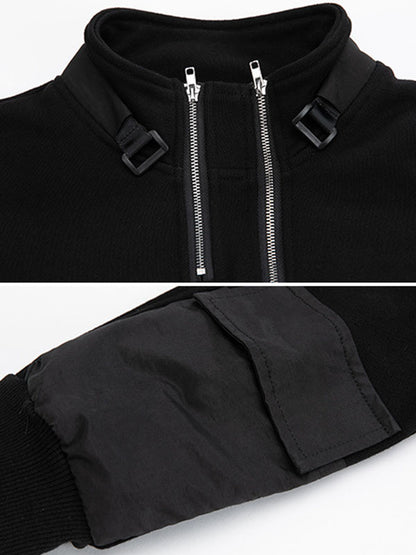 xakxx Casual Long Sleeves Loose Solid Color Zipper High-Neck Sweatshirt Tops