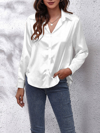 xakxx Long Sleeves Loose Solid Color Lapel Blouses&Shirts Tops