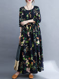 xakxx Vacation Long Sleeves Loose Floral Printed Round-Neck Maxi Dresses