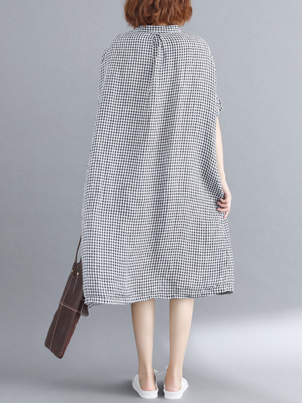 xakxx Artistic Retro Loose Split-Joint Plaid Buttoned Stand Collar Half Sleeves Midi Dress