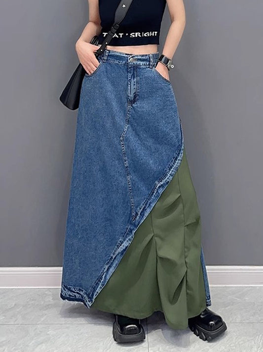 xakxx A-Line Loose Asymmetric Contrast Color Elasticity Split-Joint Denim Skirts Bottoms