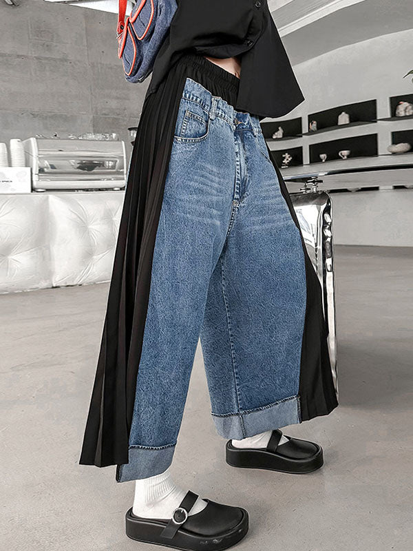 xakxx Loose Ninth Pants Contrast Color Pleated Split-Joint Wide Leg Jean Pants Bottoms