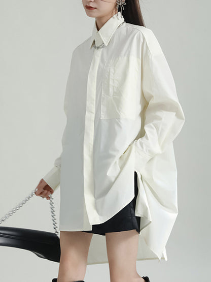 xakxx Irregular Clipping Loose Split-Side Solid Color Lapel Shirts Tops