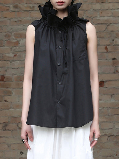 xakxx Sleeveless Pleated Solid Color Statement Collar Blouses&Shirts Tops