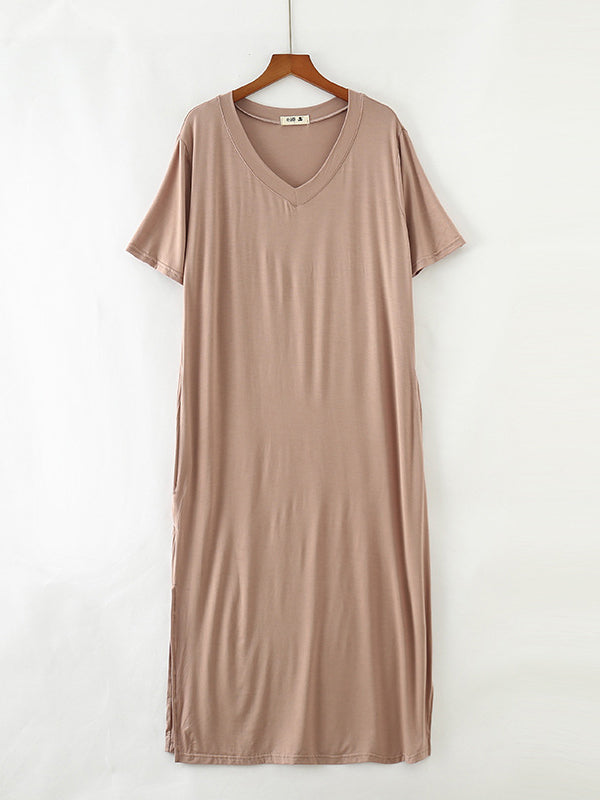 xakxx Simple Short Sleeves Loose Split-Side Solid Color V-Neck Pajamas Dress