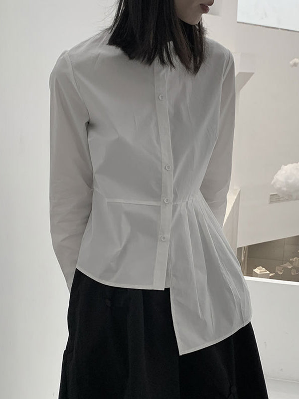 xakxx Long Sleeves Asymmetric Buttoned Pleated Solid Color Round-Neck Blouses&Shirts Tops