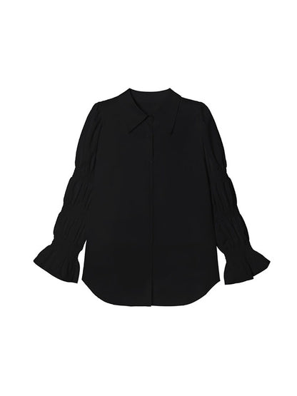 xakxx Puff Sleeves Pleated Solid Color Split-Joint Lapel Blouses